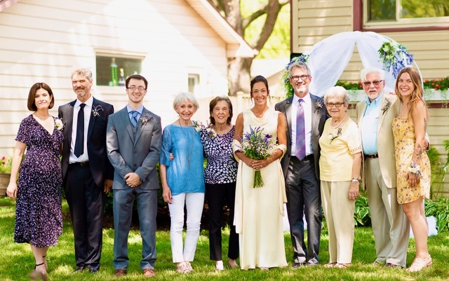 (L to R) Lisa Fako, Peter Brusen, David Dowd, Veda Connelly (Amy’s aunt), JoAnn Lilly (Amy’s mom), Amy, Joe,  Mary Ann and Dennis Sonnefeldt (Joe’s parents) and Nicole Sonnefeldt (Joe’s daughter)
