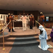 The 8th grade enactment of the Living Stations of the Cross during Lent, was kept to one area of the church, as student spectators sat distanced in the pews. The event was livestreamed so that parents could attend virtually.